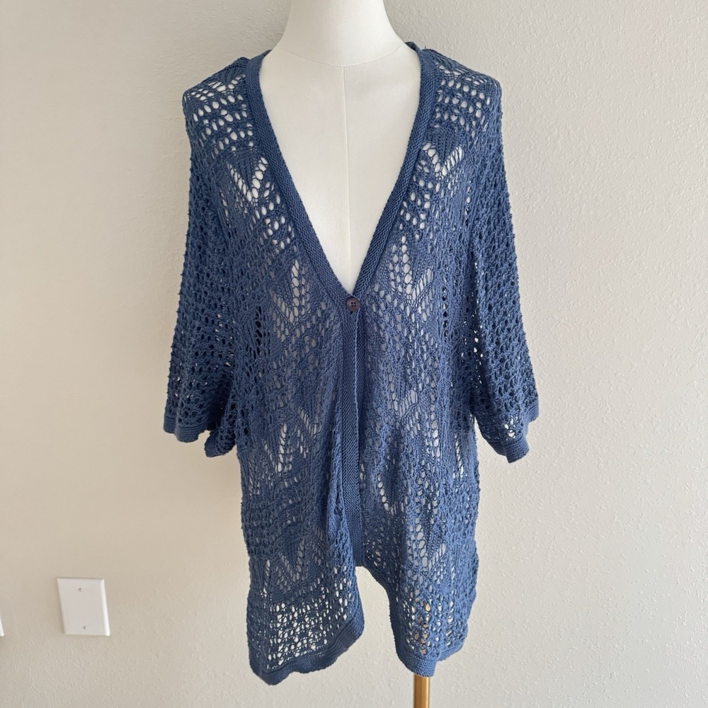 Vintage Y2K Liz & Me 3X 26/28W Blue Crochet Knit Cardigan Boho Nautical Cottage
